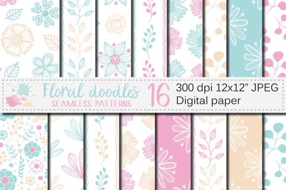 Download Aqua Blue and Pink Floral Digital Paper - Blue Collection