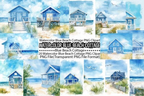 Download Watercolor Blue Beach Cottage Background - Blue Collection
