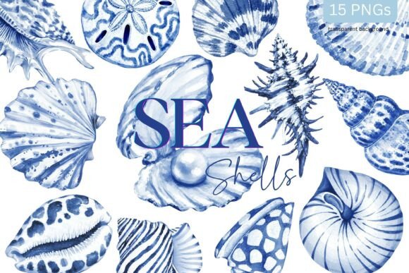 Download Sea Shells Toile Blue Watercolor Coastal - Blue Collection