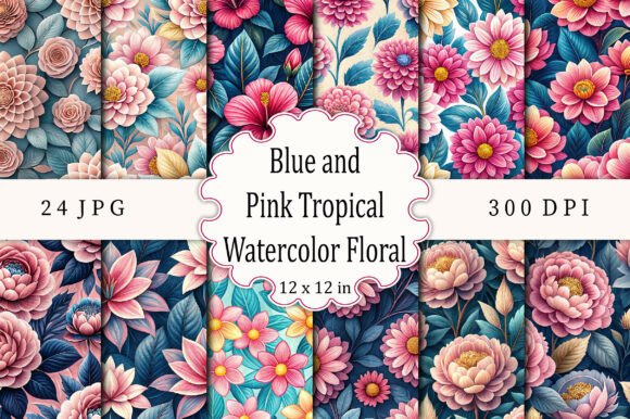 Download Blue and Pink Tropical Watercolor Floral - Blue Collection
